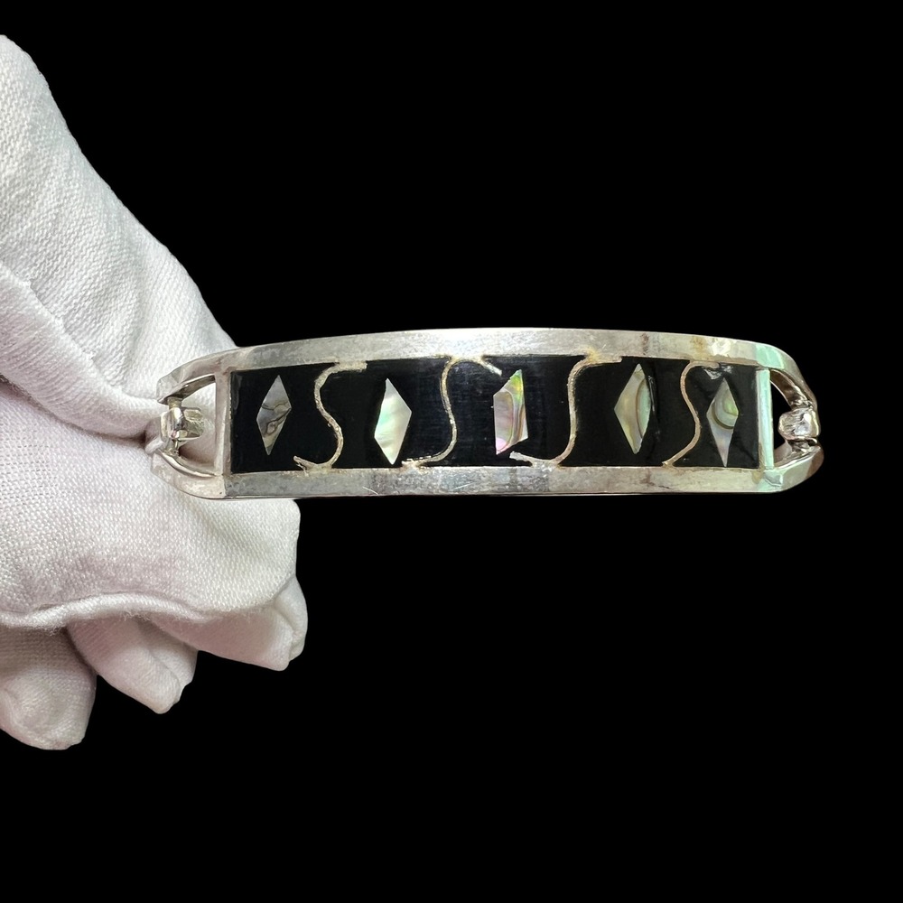 Vintage Alpaca Mexico Abalone Onyx Bangle Bracelet Silver Tone 7.5 in Artisan‎